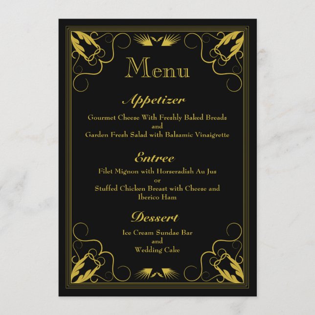 Vintage Black Gold Gilded Age Wedding Menu (Front)