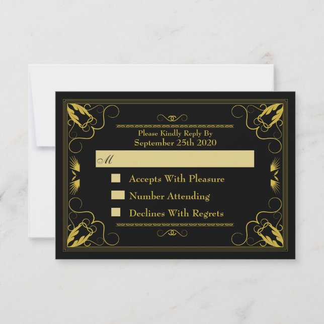 Vintage Black Gold Gilded Age Wedding RSVP (Front)