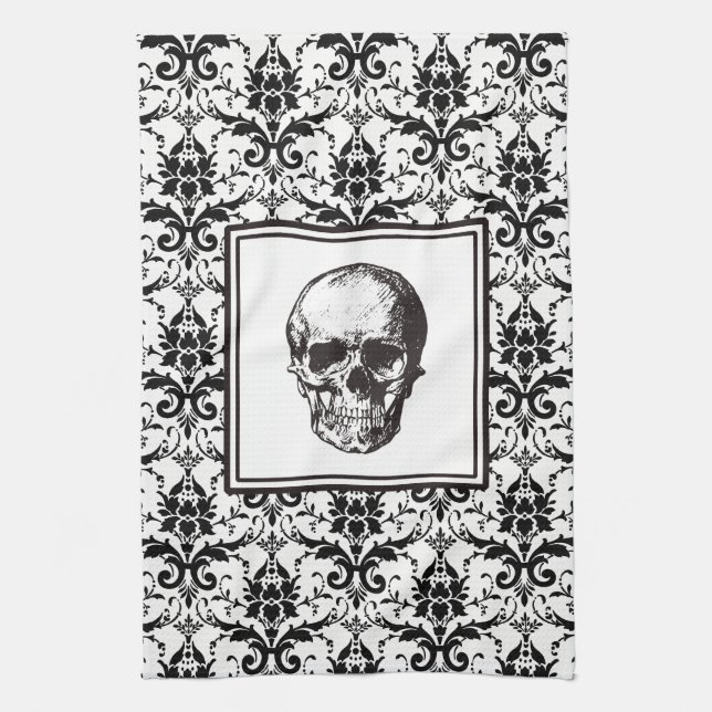 Vintage Black Gothic Pattern Skull Halloween Kitchen Towel (Vertical)
