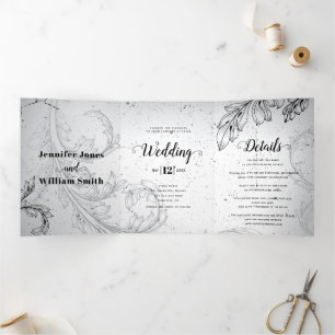 Vintage black,grey scroll leaf flourish wedding Tri-Fold invitation