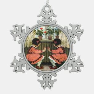 Vintage Black Haired Twins Dressed in Red - Wilcox Snowflake Pewter Christmas Ornament