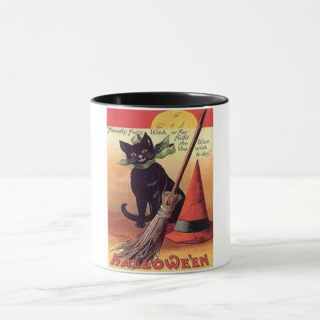 Vintage Black Halloween Cat Coffee Mug (Center)