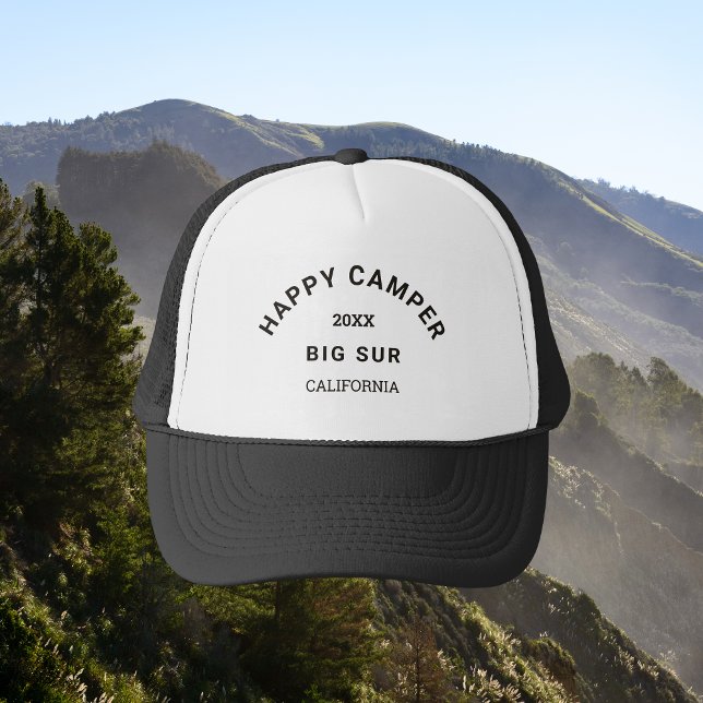 Vintage Black Happy Camper Camping Crest  Trucker Hat (Creator Uploaded)