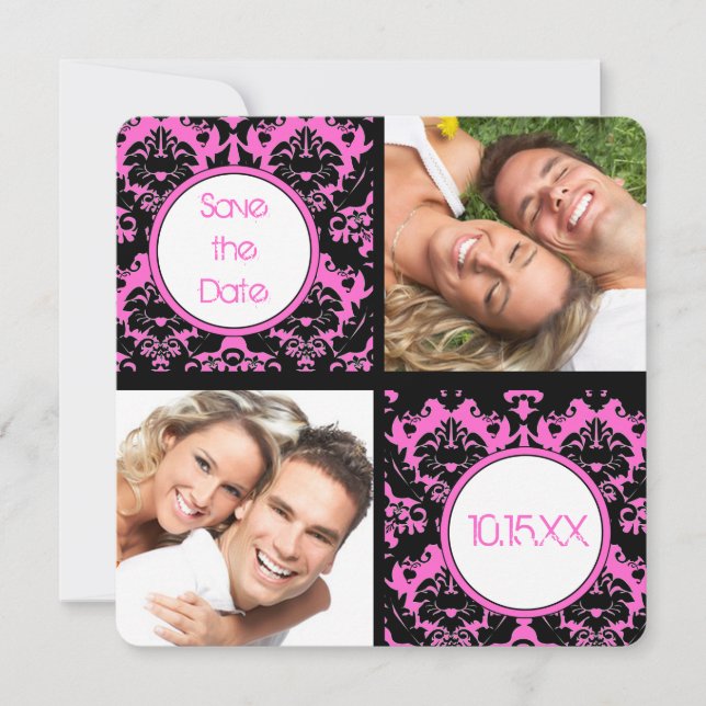 Vintage Black Heart Damask on Pink Wedding Save The Date (Front)