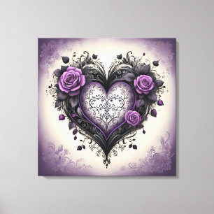 Vintage Black Heart & Purple Roses in Gothic Style Canvas Print