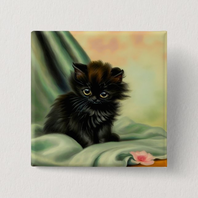 Vintage Black Kitten Illustration 2 Inch Square Button (Front)