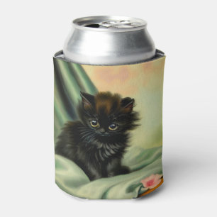 Vintage Black Kitten Illustration Can Cooler