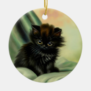 Vintage Black Kitten Illustration Ceramic Ornament