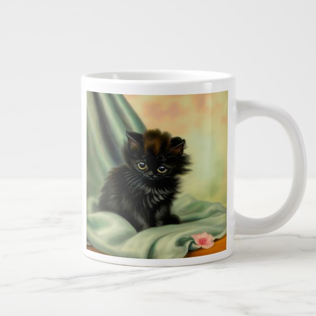 Vintage Black Kitten Illustration Large Coffee Mug (Right)