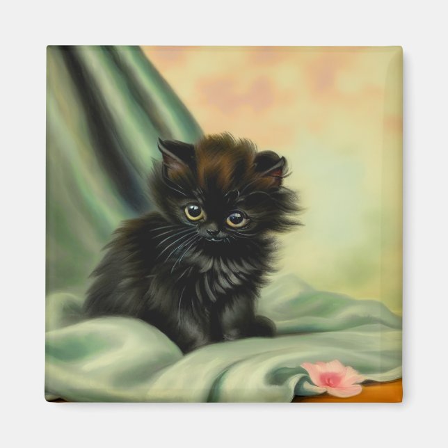 Vintage Black Kitten Illustration Magnet (Front)