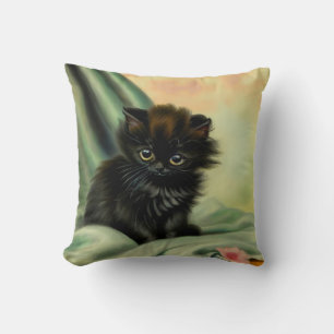 Vintage Black Kitten Illustration Throw Pillow