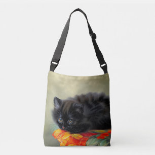 Vintage Black Kitten with Red Flower Blanket Crossbody Bag