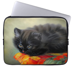 Vintage Black Kitten with Red Flower Blanket Laptop Sleeve