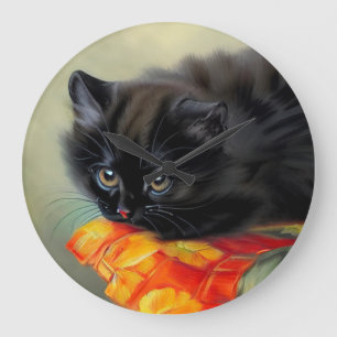 Vintage Black Kitten with Red Flower Blanket Large Clock