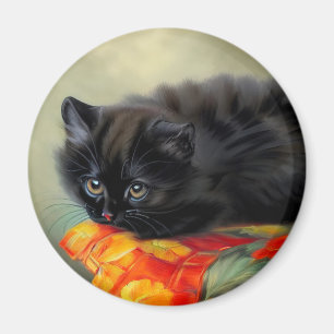 Vintage Black Kitten with Red Flower Blanket Magnet
