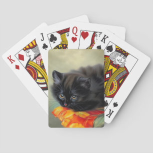 Vintage Black Kitten with Red Flower Blanket Playing Cards