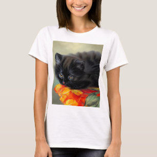 Vintage Black Kitten with Red Flower Blanket T-Shirt