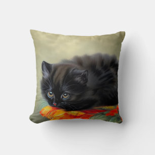 Vintage Black Kitten with Red Flower Blanket Throw Pillow