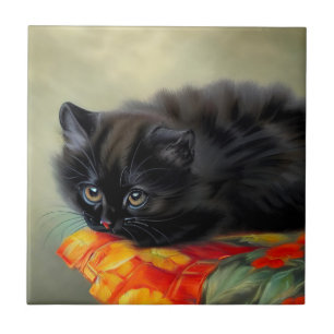 Vintage Black Kitten with Red Flower Blanket Tile