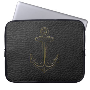 Vintage Black Leather, Anchor Gold Accent Laptop Sleeve