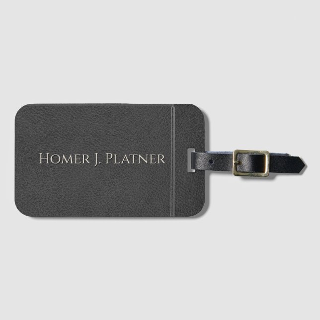Vintage Black Leather Personalized Luggage Tag (Front Horizontal)