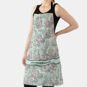 Vintage black mint toile de jouy printed apron