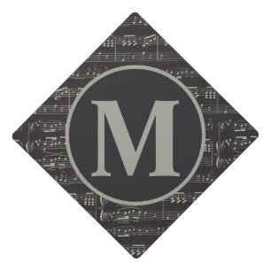 Vintage Black music note Pattern Monogram Graduation Cap Topper