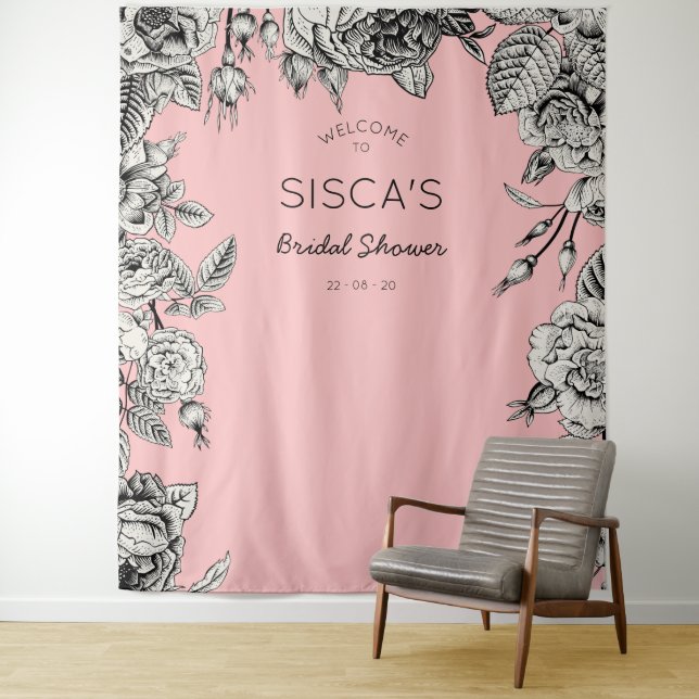 Vintage Black Pink Bridal Shower Backdrop Photo Tapestry (In Situ)