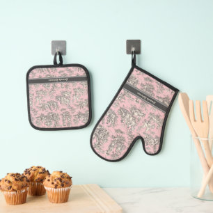 Vintage Black Pink French Toile de Jouy Pattern Oven Mitt & Pot Holder Set
