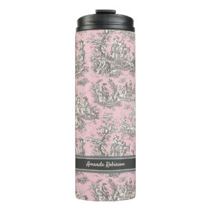 Vintage black pink toile de jouy printed thermal tumbler