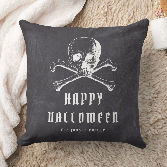 Vintage Black Pirate Skull & Bones Halloween Throw Pillow (Blanket)