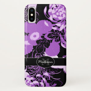 Vintage black purple flowers birds Monogram iPhone X Case