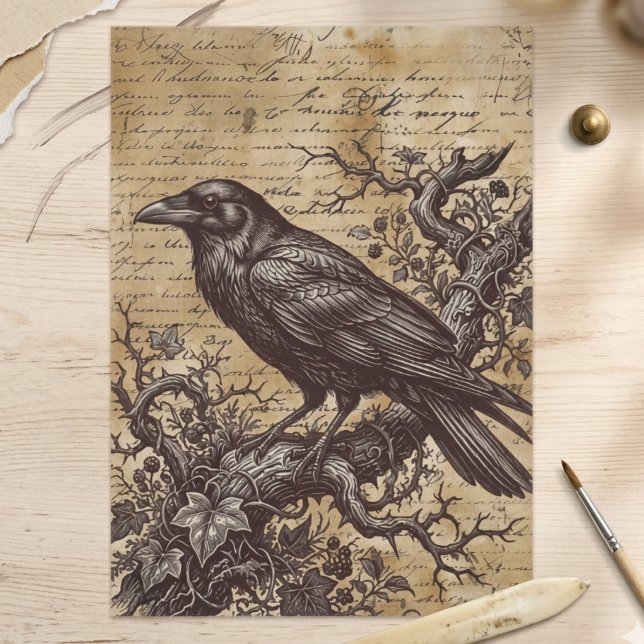 Vintage Black Raven Gothic Script Decoupage Tissue Paper (Gothic raven decoupage tissue paper for crafting)