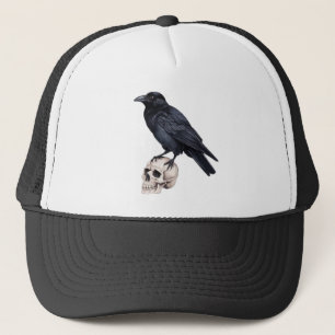 Vintage Black Raven on Skull Black Crow with Skull Trucker Hat