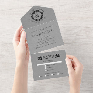 Vintage black rose wreath grey kraft paper wedding all in one invitation