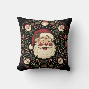 Vintage Black Santa Brushed Polyester Tree Skirt Throw Pillow