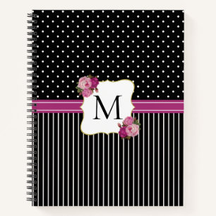 Vintage Black Stripe Dots Purple Floral Monogram Notebook
