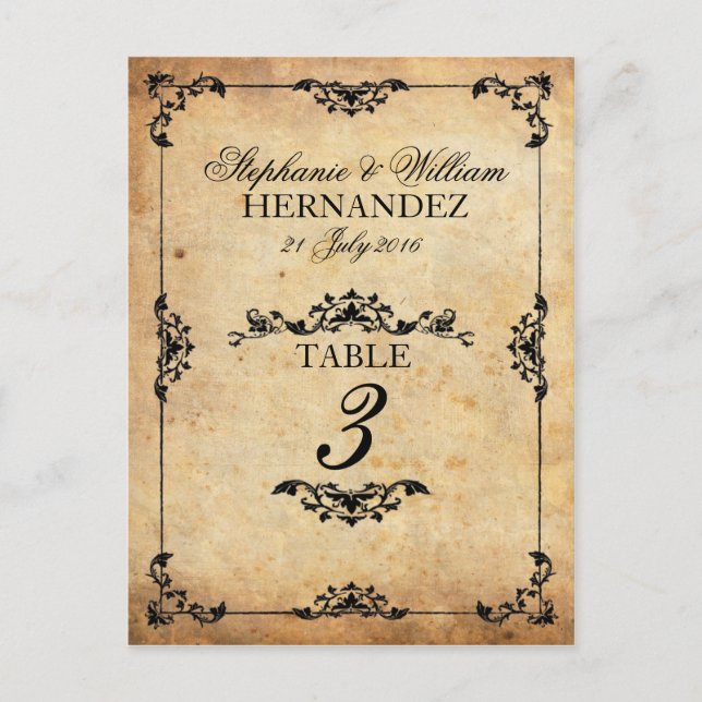 Vintage Black Swirl Wedding Reception Table Number Postcard (Front)