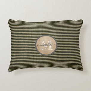 Vintage Black Ticker Pattern Monogram Burlap Decorative Pillow