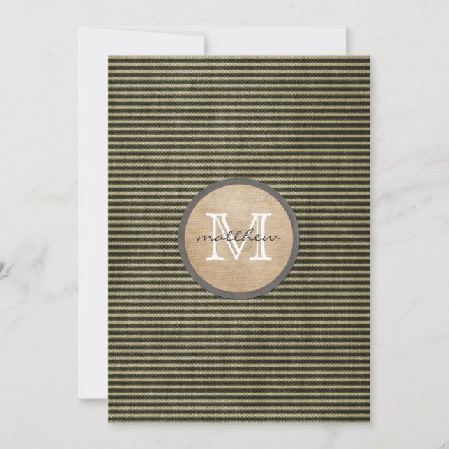 Vintage Black Ticker Pattern Monogram Burlap Note Card (Front)