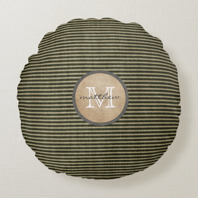 Vintage Black Ticker Pattern Monogram Burlap Round Pillow (Front)