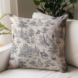 Vintage Black Toile de Jouy Fair Street Pattern Throw Pillow