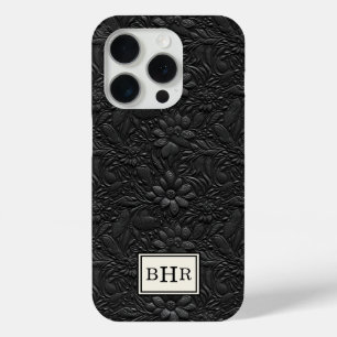 Vintage Black Tooled Leather Monogrammed iPhone 15 Pro Case