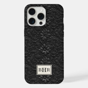 Vintage Black Tooled Leather Monogrammed iPhone 15 Pro Max Case