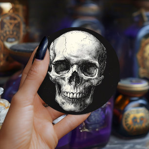 Vintage Black Victorian Gothic Skull Etching Favou Classic Round Sticker