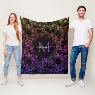 Vintage Black Watercolor Floral Monogrammed Fleece Blanket