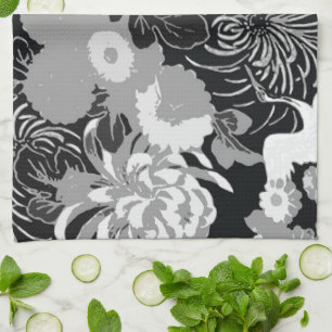 Vintage black, white and grey flowers and birds kitchen towel