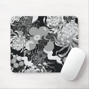 Vintage black, white and grey flowers and birds mouse pad