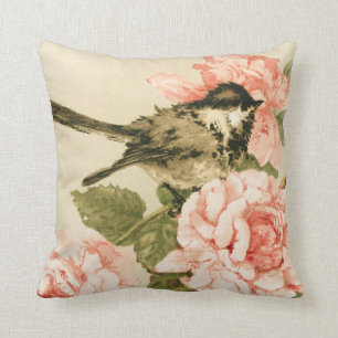 Vintage black white bird blush pink roses flowers throw pillow