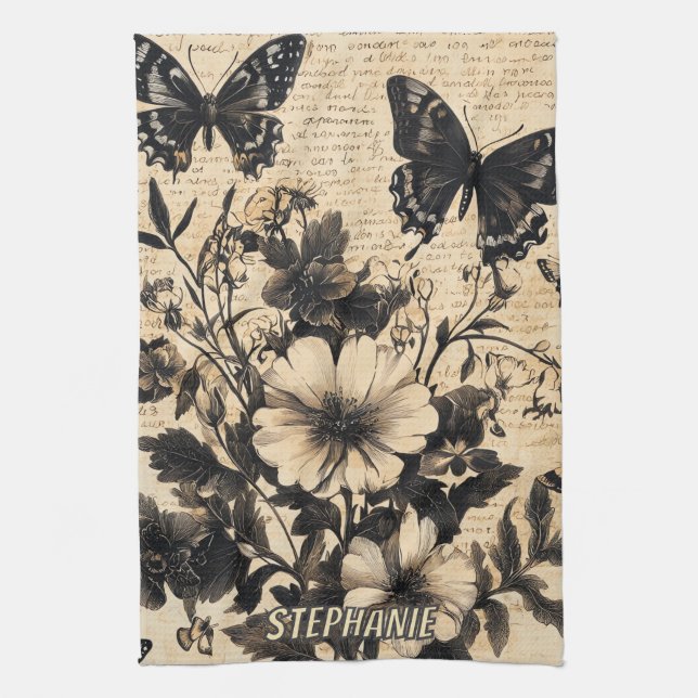 Vintage Black White Butterfly Wildflower Parchment Kitchen Towel (Vertical)